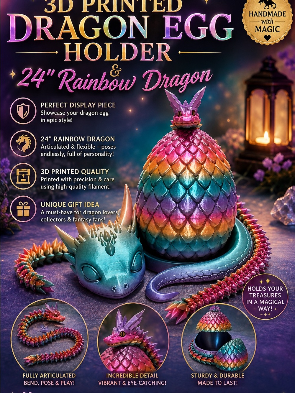 3-D Printed Dragon Egg Holder and 24” Rainbow Dragon